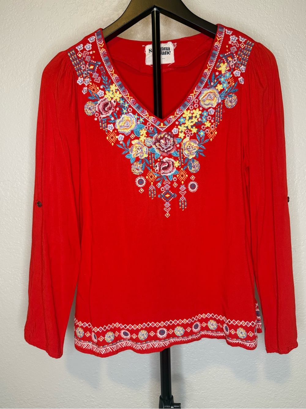 Savanna Jane Women's Red Embroidered Long Sleeve Top, Size Small